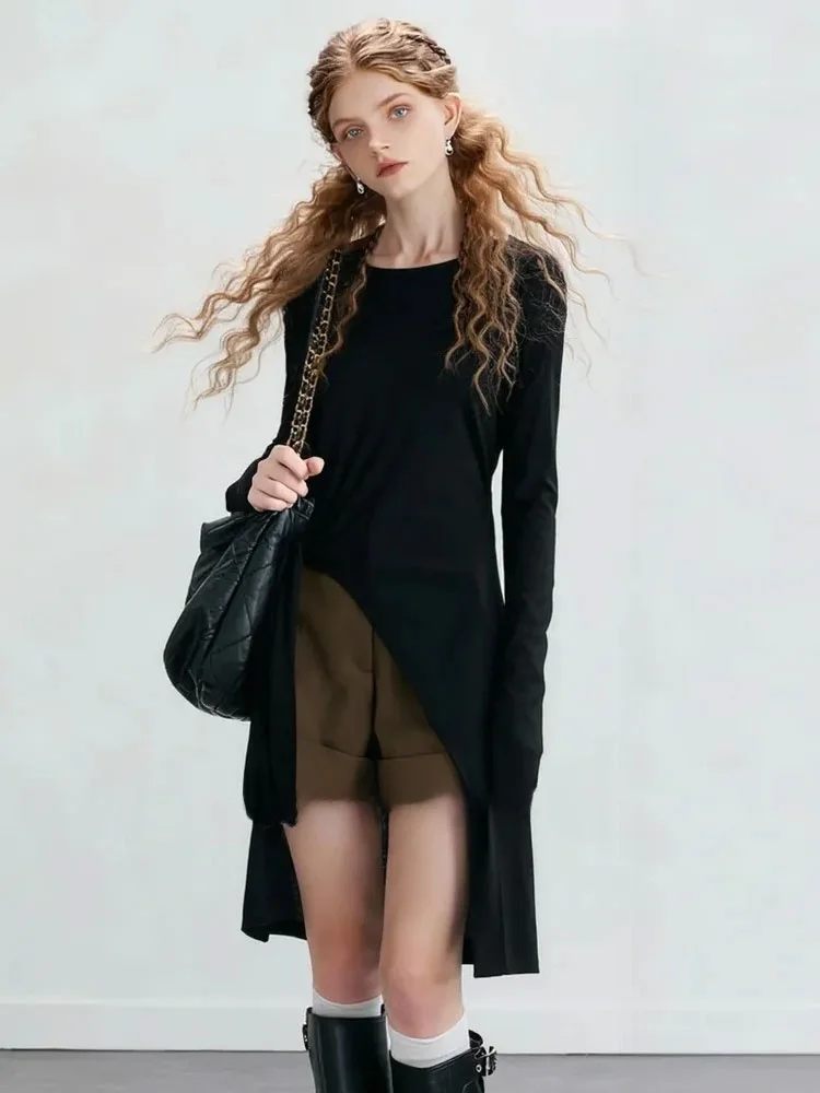 

ZhuoZhi Bla Asymmetrical Belted T-irt Faionable Mid-Length Top for Autumn Season New Arrival Ladies' Commute Wear