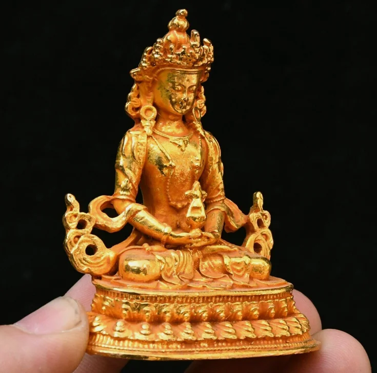 2.7''Old Bronze Gilt Buddhism Amitayus longevity God Goddess Buddha Statue