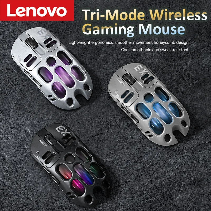 Lenovo Tri-Mode Gaming Mouse Bluetooth 5.1/2.4G/Wired RGB Hollow Ergonomic Wireless Mouse Rechargeable Low Latency for PC Laptop