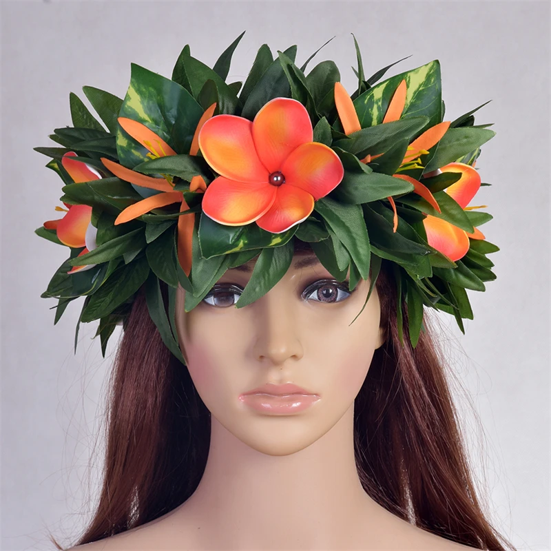 

Artificial Flower Headband Hula Silk Plumeria with Shell Pearl Silk Leaves Headwear Hawiian Haku Hair Accessories