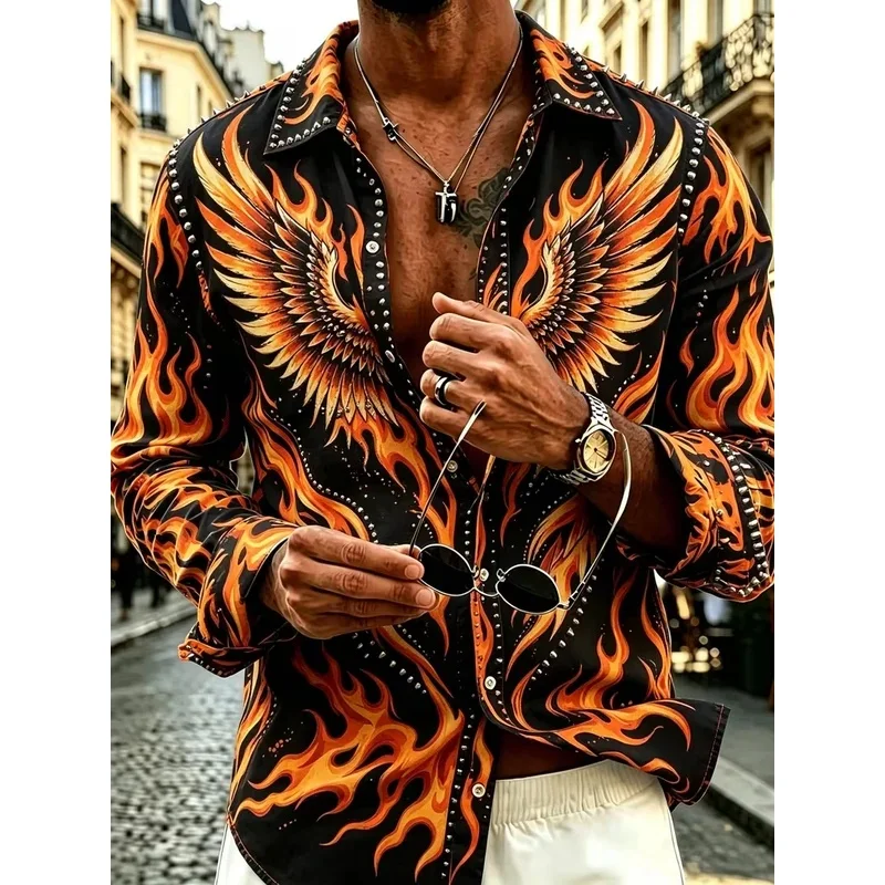 New men's gilded patterned crescent rolled grass ethnic composite printed long sleeved shirt with smooth lapel top