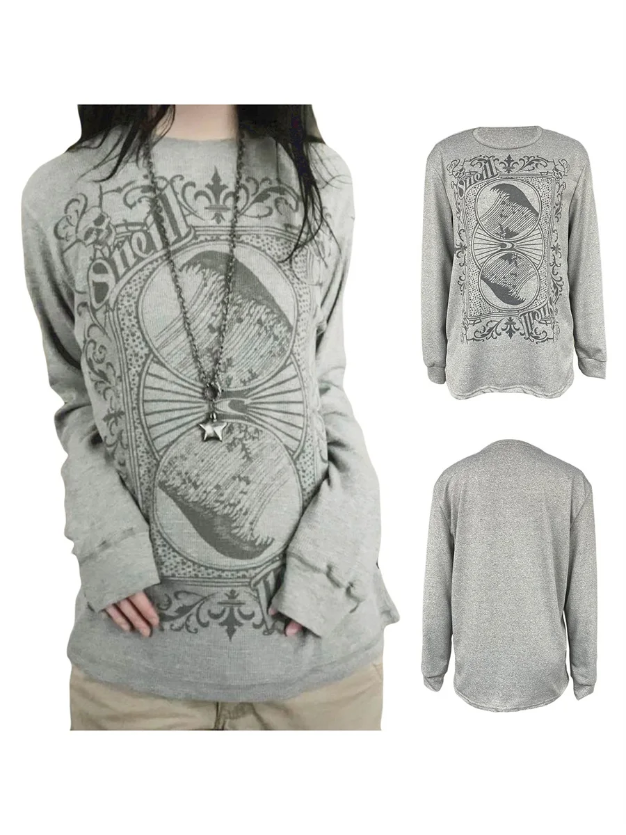 Female Tops Printed Patterns Round Neck Long Sleeve Loose Pullover Blouse for Spring Autumn Gray S M L XL