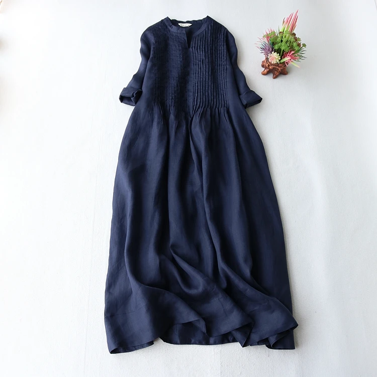 Summer New Ladies Cotton Linen Dress Fashion Women\'s Thin Ramie Elegant Organ Pleated Loose Flowy Short Sleeve Dress