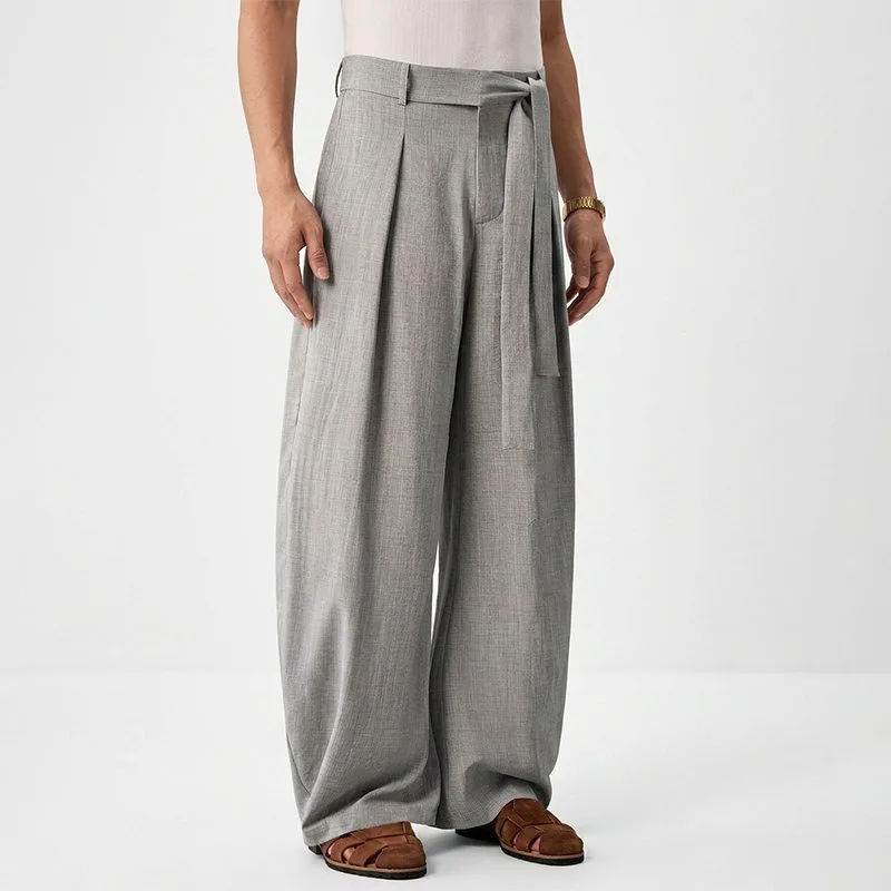 KIDWHXR Herrenhose, locker geschnitten, mittelhoher Bund, atmungsaktiv, Vintage-Plisseehose, gerade geschnitten, mit Kordelzug, Business Casual Herrenhose – Detail 13