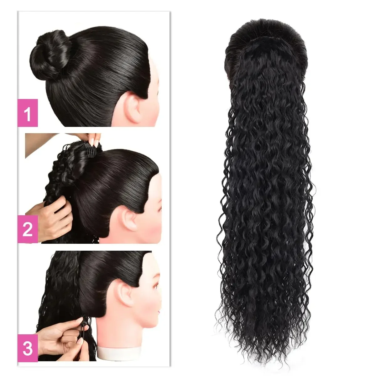 24inch Synthetic Wig Long Curly Wave Drawstring Ponytail HairPieces Extension Heat Resistant in For Women Girl