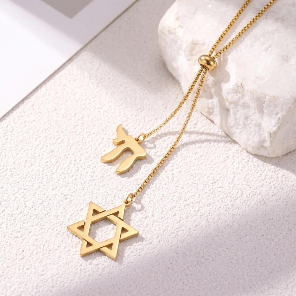 Hexagram Star David Star Necklace 304 Stainless Steel Hebrew Letter Chai Symbol Adjustable Necklace Jewelry