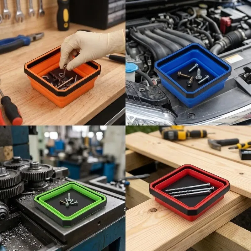 4.5Inch Magnetic Parts Tray Square Silicone Foldable Collapsible Suction Bowls Storage Holder for Bolts Nuts Washers Pins Screw