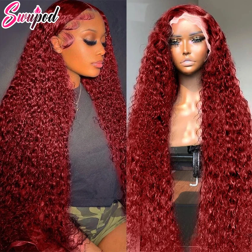 Swupod 200 densità 13x4 HD parrucca anteriore in pizzo per donne nere onda profonda ondulata capelli umani Remy 99J colore bordeaux Glueless