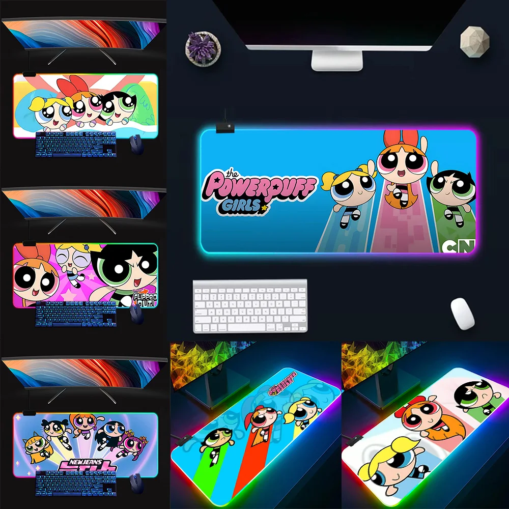 

Cute Powerpuffs-Girls RGB Pc Gamer Keyboard Mouse Pad Mousepad LED Glowing Mouse Mats Rubber Gaming Computer Mausepad