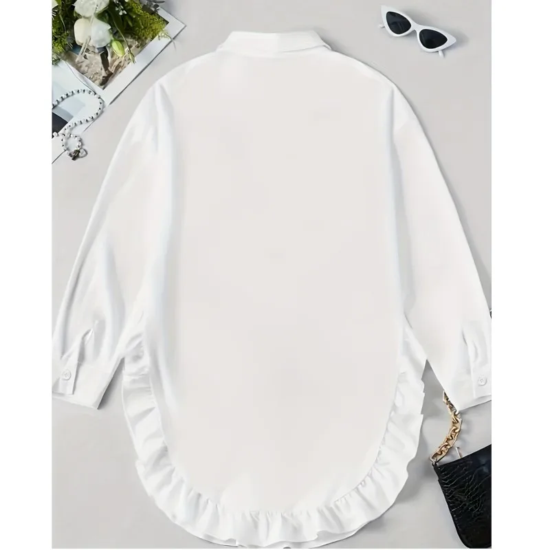 새로운 여성용 단색 셔츠 캐주얼 루즈 러플 밑단 셔츠 화이트 블랙