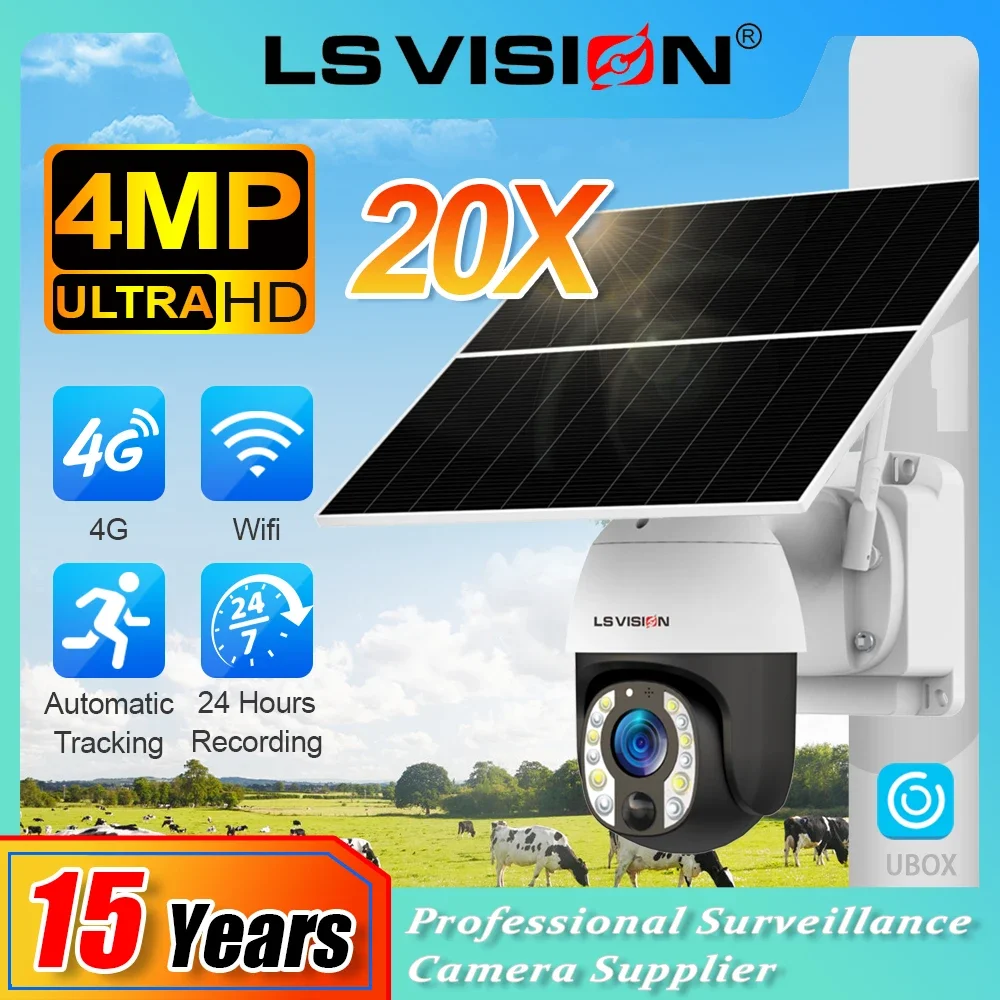 

LS VISION 4K 8MP 20X Optical Zoom Solar Camera 24 Hours Recording 4G/WiFi Auto Tracking 30000mAh Battery Cameras 20W Solar Panel