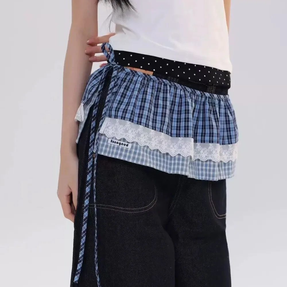 

Retro Balletcore Plaid Fart Curtain Lace Up Korean Style Lace Mini Skirts Pastoral Style Stacked Ruffle Short Skirts Streetwear