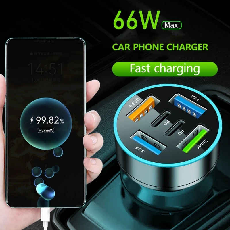 

Total 66W QC3.0 Intelligent Car Charger Multi Port Rapid Car Charging Solution Car Fast Charging Adapter with LED Light