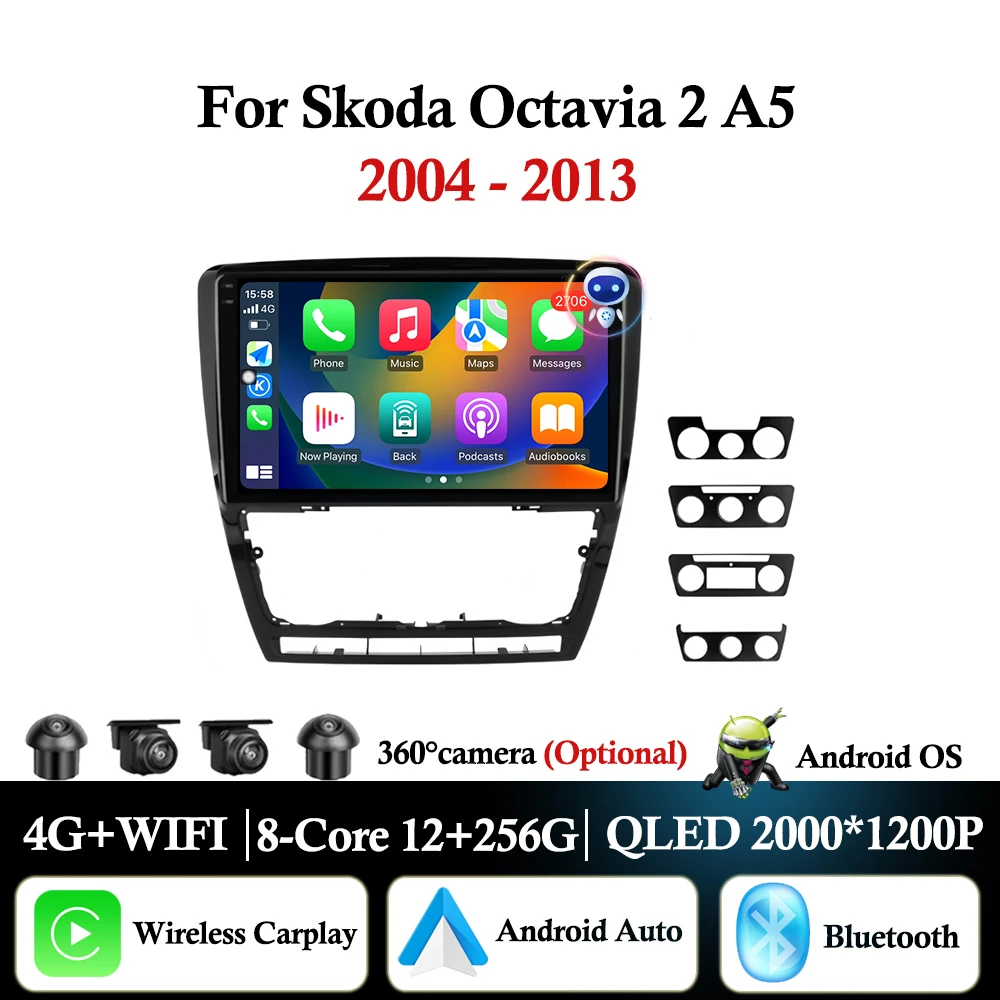 

Для Skoda Octavia 2 A5 2004-2013 Android Auto Carplay Автомобильный радиоприемник Видео Мультимедийный плеер GPS-навигация Сенсорный экран DSP Стерео