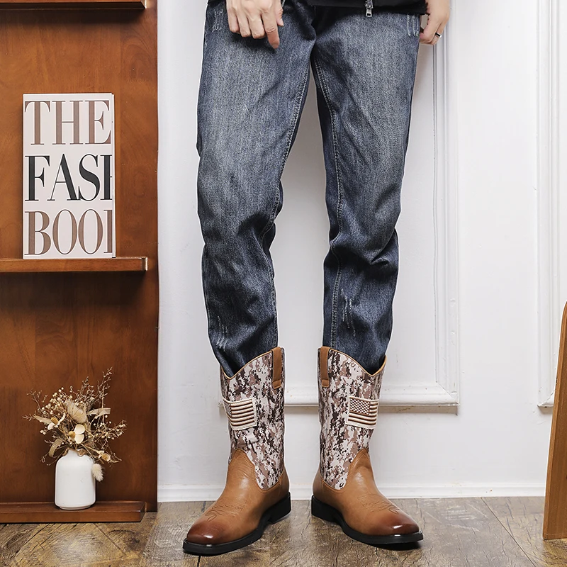 Camouflage Designer Western Boots For Men Fashion Brown Man Leather Boots Autumn Flat Men's Mid-Calf Boots botas vaqueras hombre