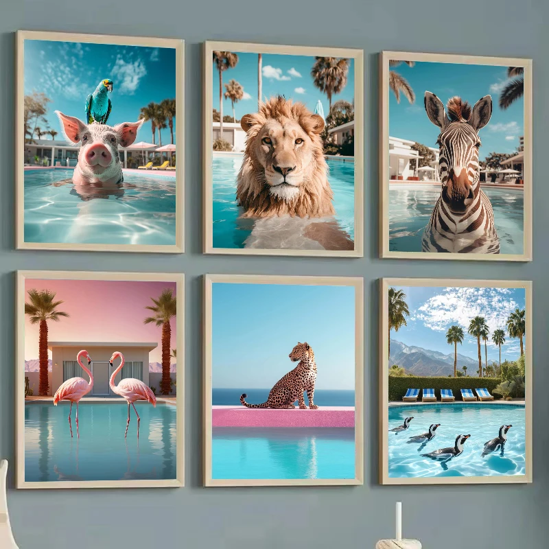 Leopard Penguins Zebra Flamingo Lion Pig in The Swimming Pool Poster Print Wall Art Canvas Painting Picture Room Home Decor G