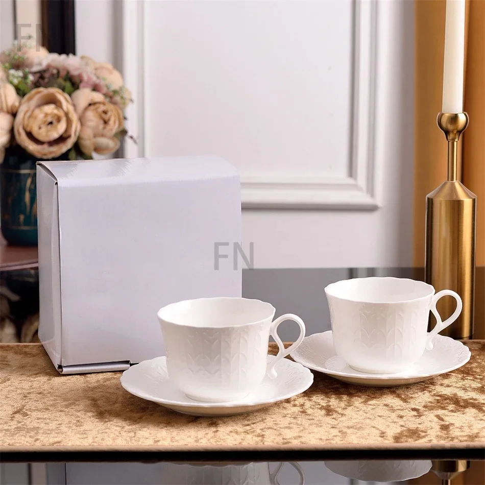 Vintage Silk White Relief Bone china Ceramic Coffee Cup and Saucer Set Home Breakfast Cup Mug High-end Afternoon Tea Set