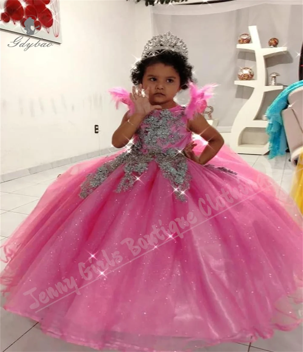 

Пышное платье с цветочным узором для девочек с короткими рукавами, серебряная сетка с аппликацией, подходит для свадеб, подружек невесты, вечерних вечеринок