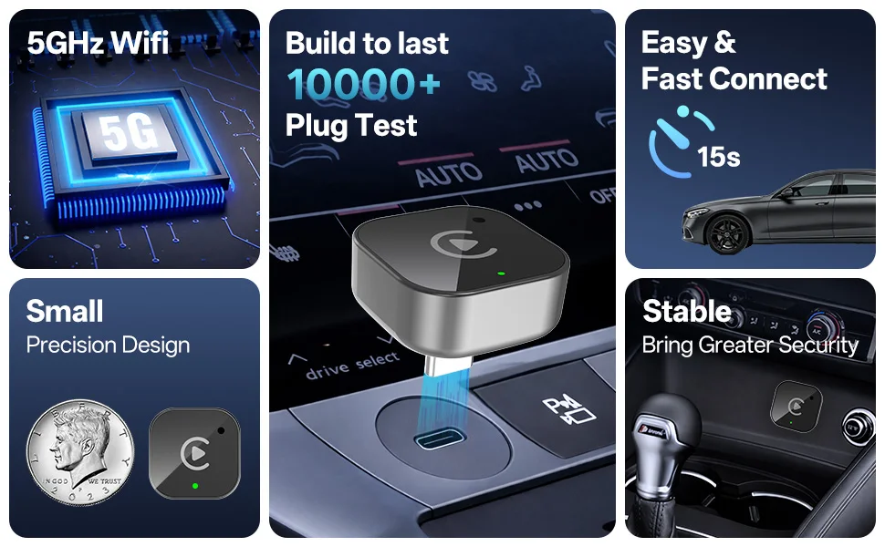 2026 Neuester Kabelloser CarPlay-Adapter CarPlay & Android Auto, Type-C-Anschluss, Verwandelt Kabelgebunden in Kabellos, Plug & Play – Detail 1