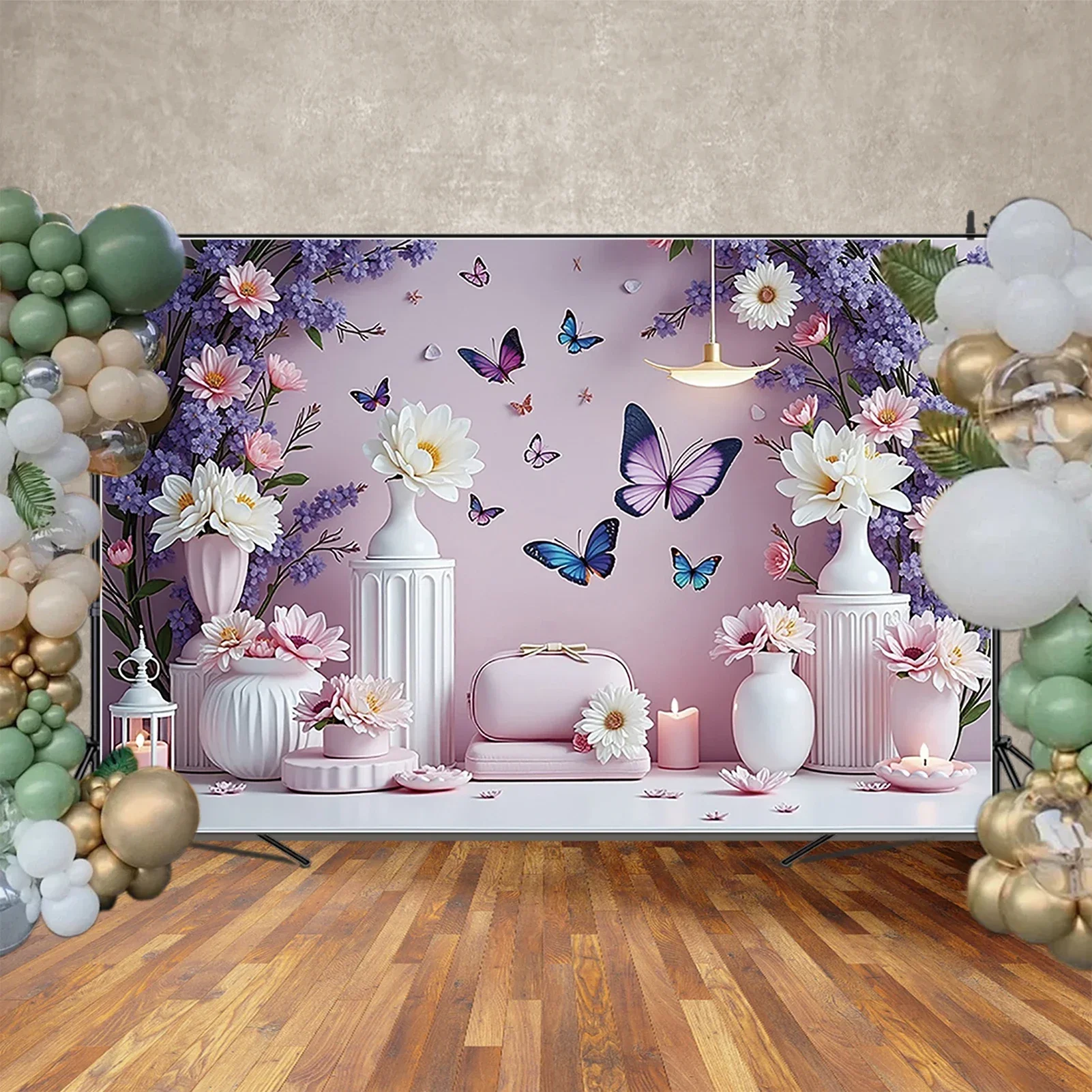 MOON.QG Fairy Butterfly Hanging Flowers Balloons Backdrop Purple Blue Pink Photography Background Photographic Wallpapers Decor