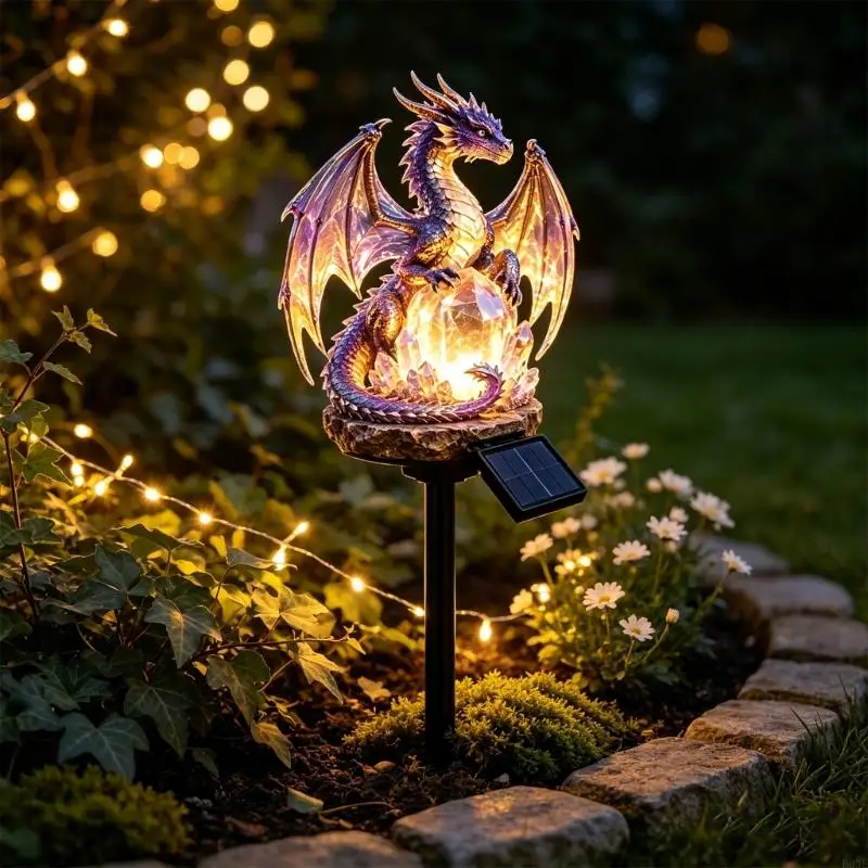 Dragon Yard Stake Light, Solar Resin Garden Figurine with Crystal Lamp Detail for Entryway, Porch, Lawn, and Outdoor Accent Use