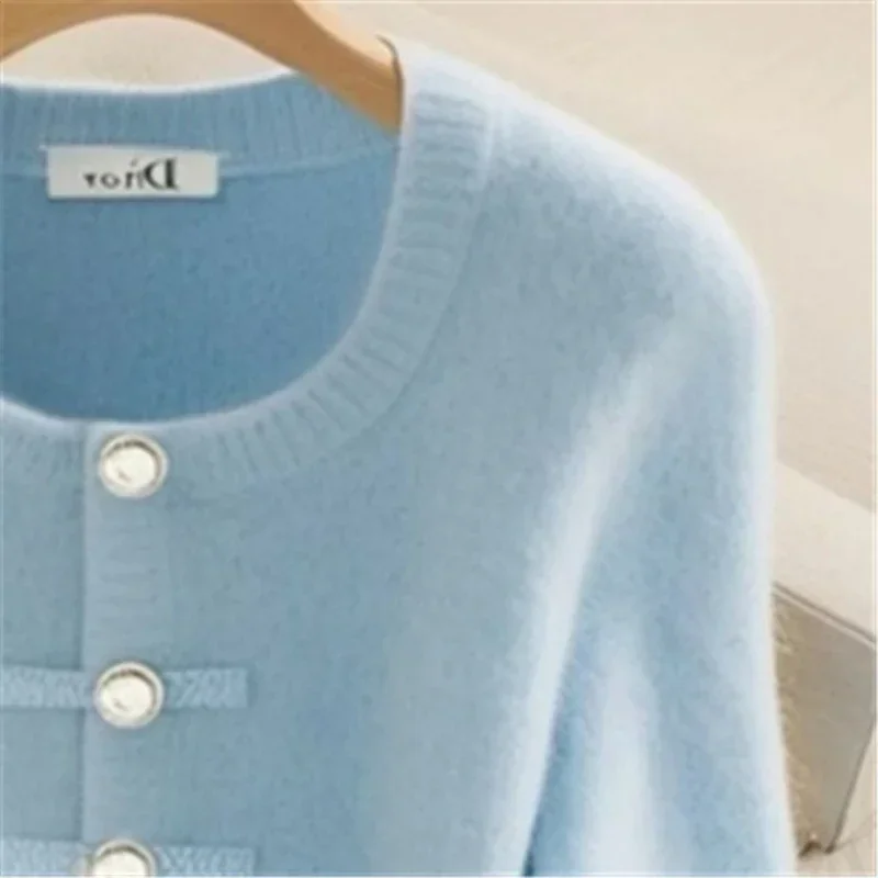 여성용 울 니트 가디건, 빈티지 버클 O-넥 긴팔 캐주얼 스웨터, 상의 니트웨어, 용수철 가을 의류, 새로운 패션