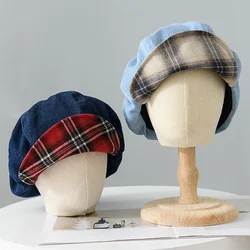 American Retro Color Matching Plaid Denim Berets for Women Summer and Autumn New Niche Design Casual Versatile Painter Hats
