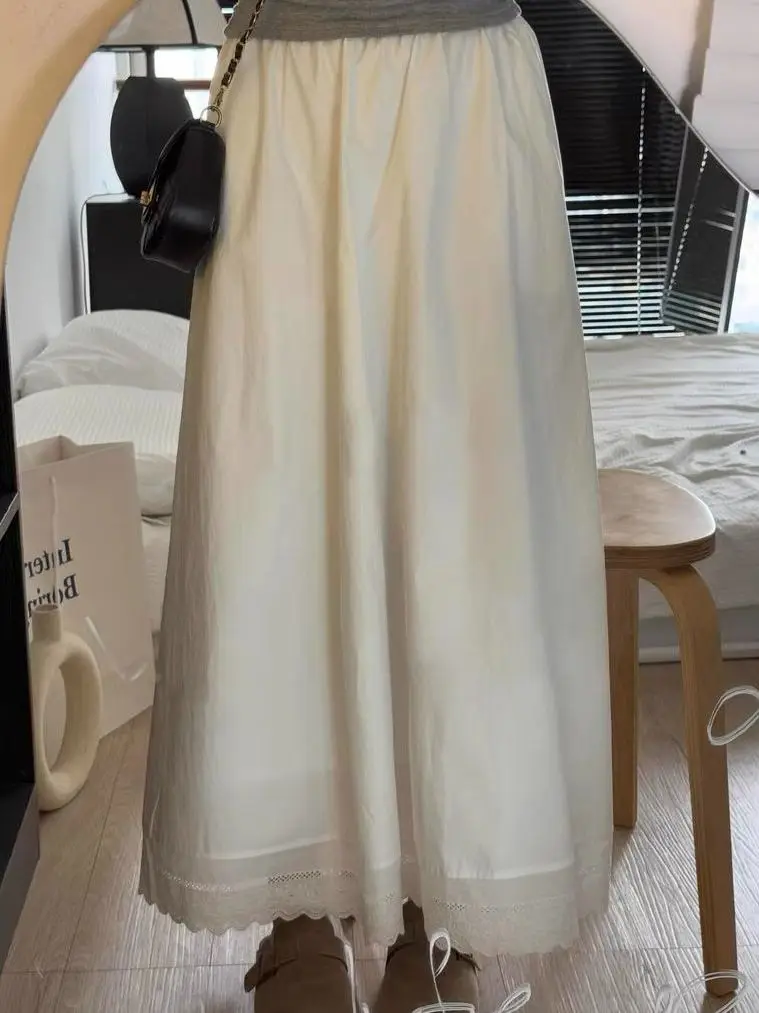 

Элегантная белая кружевная юбка-полусолнце для женщин, весна-лето, свободный крой, на резинке, А-силуэт, длинная, повседневная, дышащая, с высокой талией, кружевная.