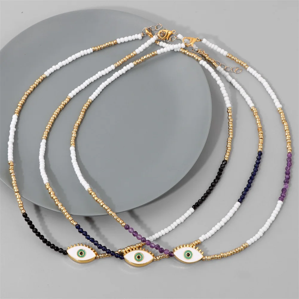 Turkey Blue Evil Eye Pendant Necklaces Natural Stone Black Spinel Amethysts Beads Necklaces Gold Color Beads Necklaces For Women