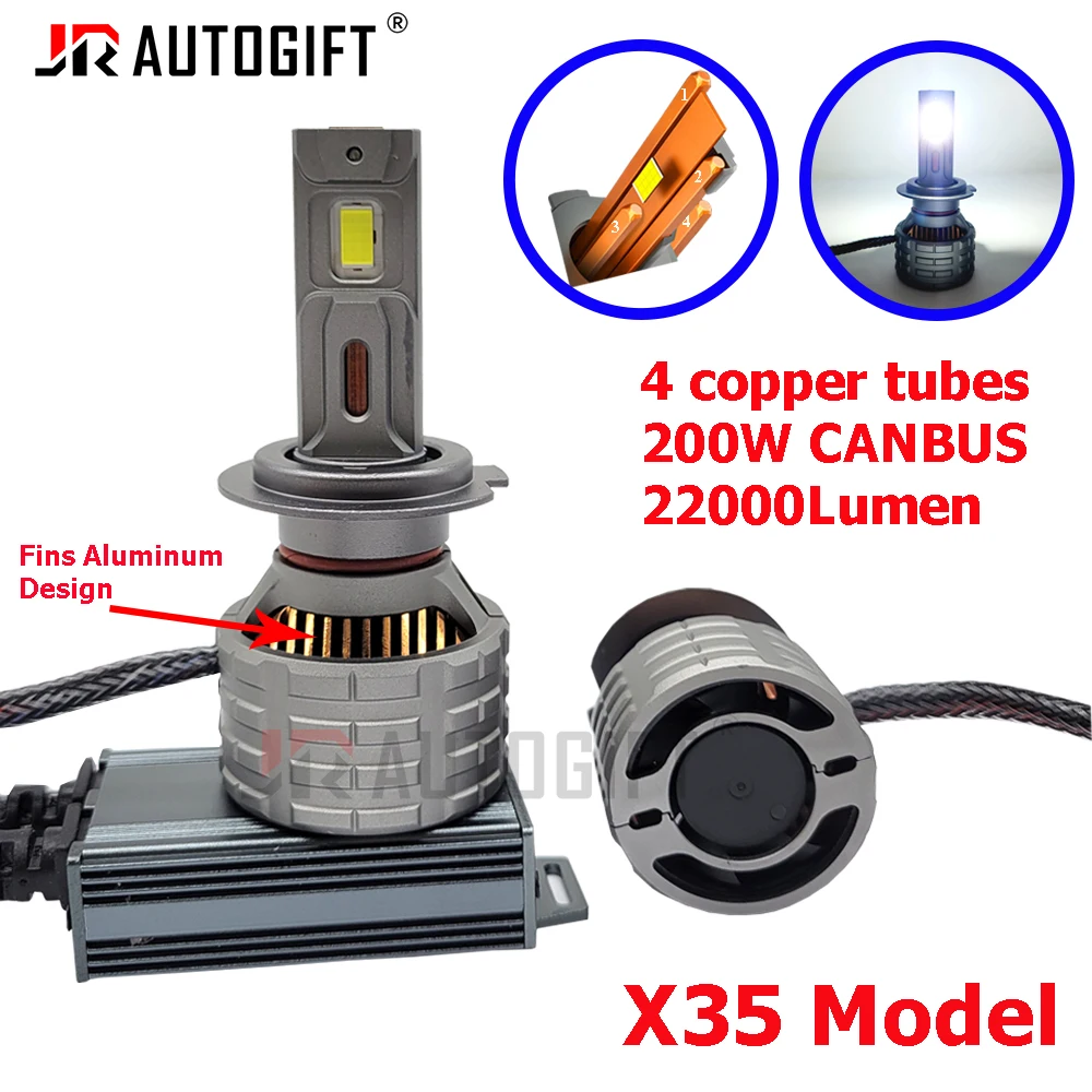 2Pairs 4Copper Tube 200W 25000LM H7 LED Headlight Canbus X35 HB4 H11 H4 H1 9012 HB3 9005 9006 9012 9007 H13 Auto Fog Light Bulb