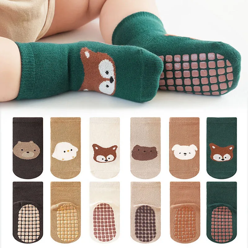 6 Pairs Kids Non-Slip Socks Cute Cartoon Fox and Bear Pattern Childrens Boys Girls Floor Socks Comfortable for Toddler