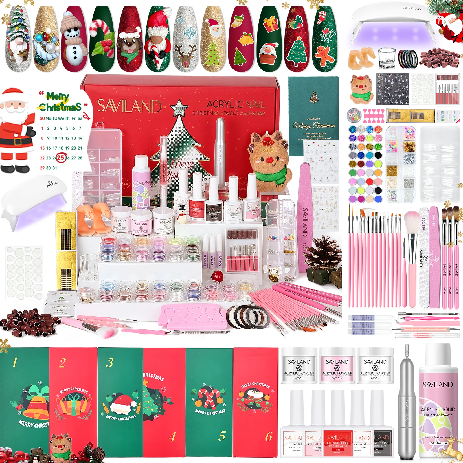 SAVILAND 24-Tage-Weihnachts-Acryl-Nagelset, Adventskalender mit Nagelbohrer und Aufklebern, Urlaubs-Maniküre-Geschenkset für Frauen