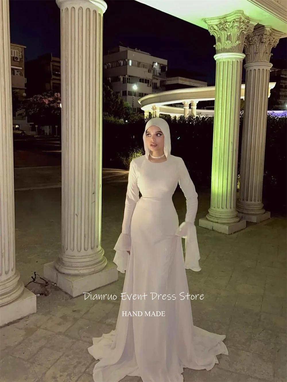 فستان سهرة أنيق مكشكش من Dianruo شيفون بأكمام طويلة فستان حفلات عربي ثنيات فستان زفاف إسلامي مخصص للضيوف