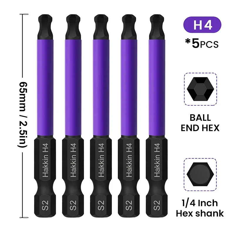 5Pcs Ball End Hex Bit Set H4 H5 Allen Wrench Drill Bit 1/4 Inch Magnetic Allen Screwdriver Bits