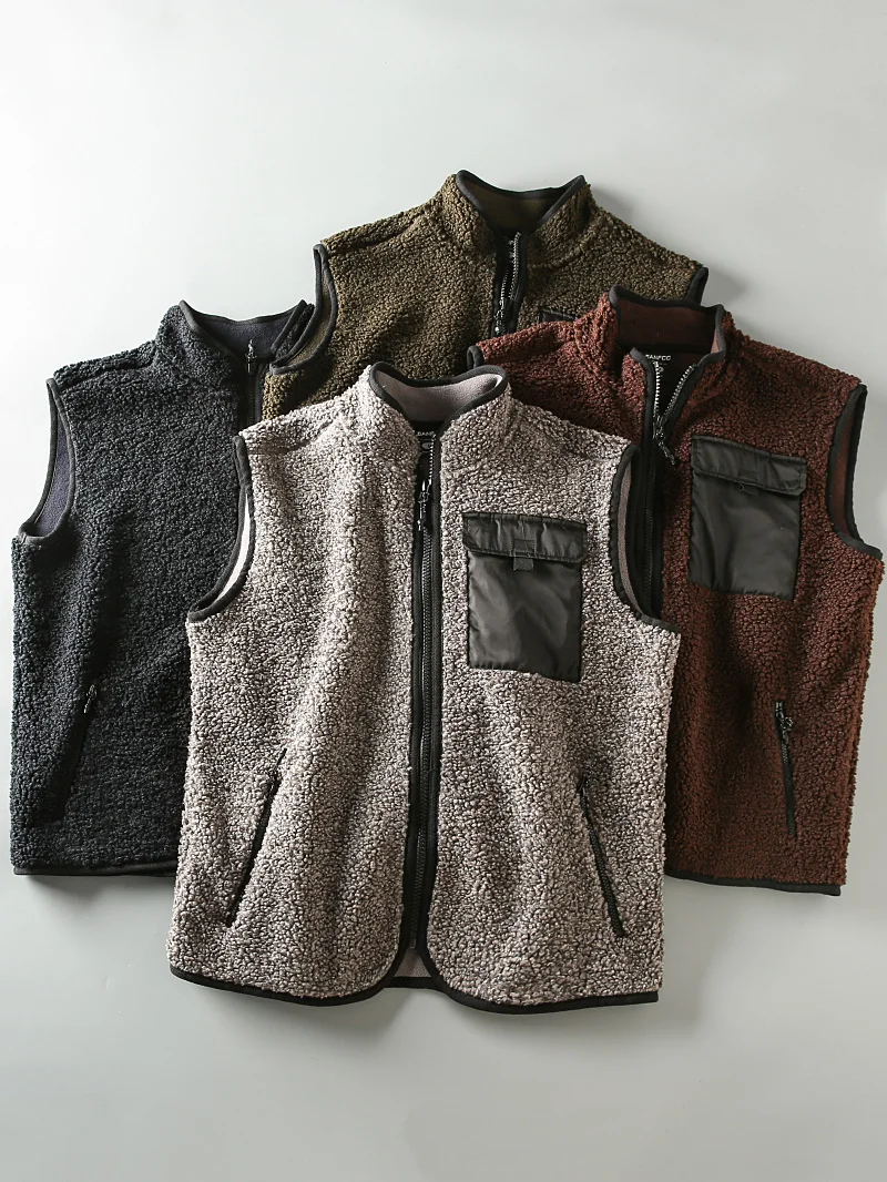 

Autumn Winter Men's Retro Japanese Sle Lamb Velvet Vest Jaet with ket Design Stand Collar Workwear Outerwear