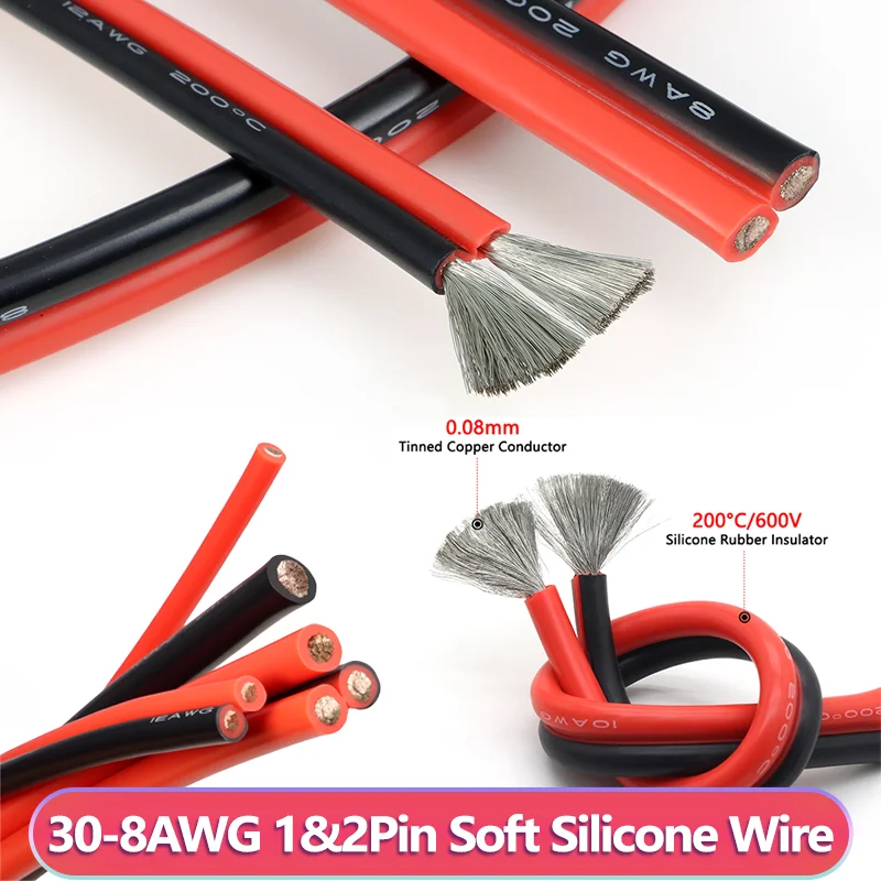1&2Pin Soft Silicone Wire 3-10M Red Black Tinn Copper Strand Cable 30-8AWG High Temperature Resistant Automotive Line Connection