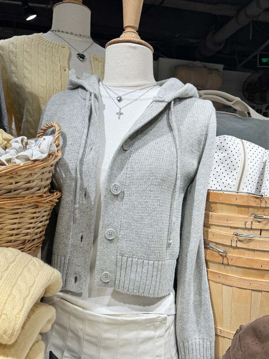 

Gray Knitted Long Sleeve Hoodies Cardigan Women Autumn Single Breasted Cotton Slim Short Sweaters Simple Casual Sweet Knitwear