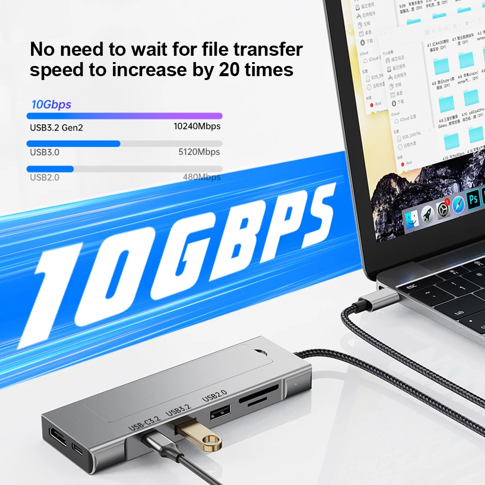 KEBIDUMEI 8-in-1 M.2 SSD Docking Station with Disk Storage 10Gbps USB 3.2 HUB USB C To SATA+NVME HDMI Adapter For Laptop Macbook