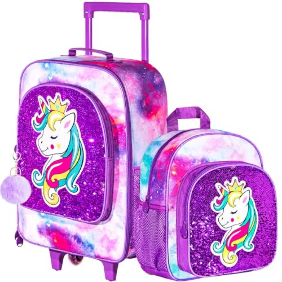 

2PCS Girls Suitcase Set, 18" Unicorn Carry on Luggage with Wheels, Cute Sequin Travel Rolling with 12" Toddler Backpack Purple