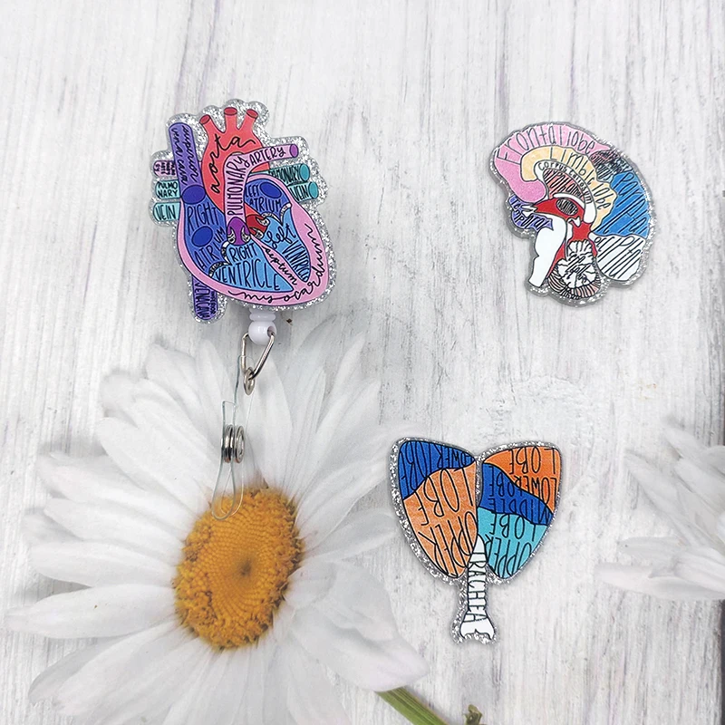 New Glitter Anatomical Diagram Heart Brain Lungs Pharmacist Badge Reel Nursing Badge Holder with 360 Rotating Alligator Clips