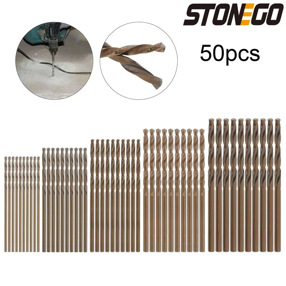 

STONEGO 50pcs M35 Cobalt Steel Twist Drill Bits Set Extremely Heat Resistant Straight Shank High Speed Steel HSS Twist Drill Bit