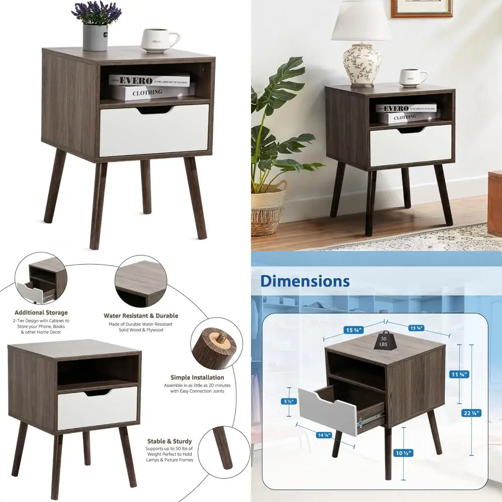 

Mid-Century Modern Wooden Nightstand with Storage Drawer - Bedside Table for Bedroom or Living Room