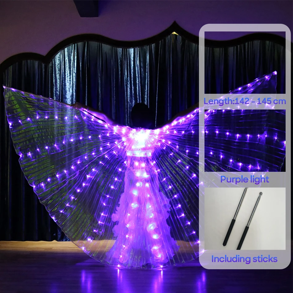 Accesorios de danza del vientre para adultos, ala Led de mariposa Isis de 145 cm, alas blancas para actuaciones en escenario, accesorios de baile de Carnaval con palos