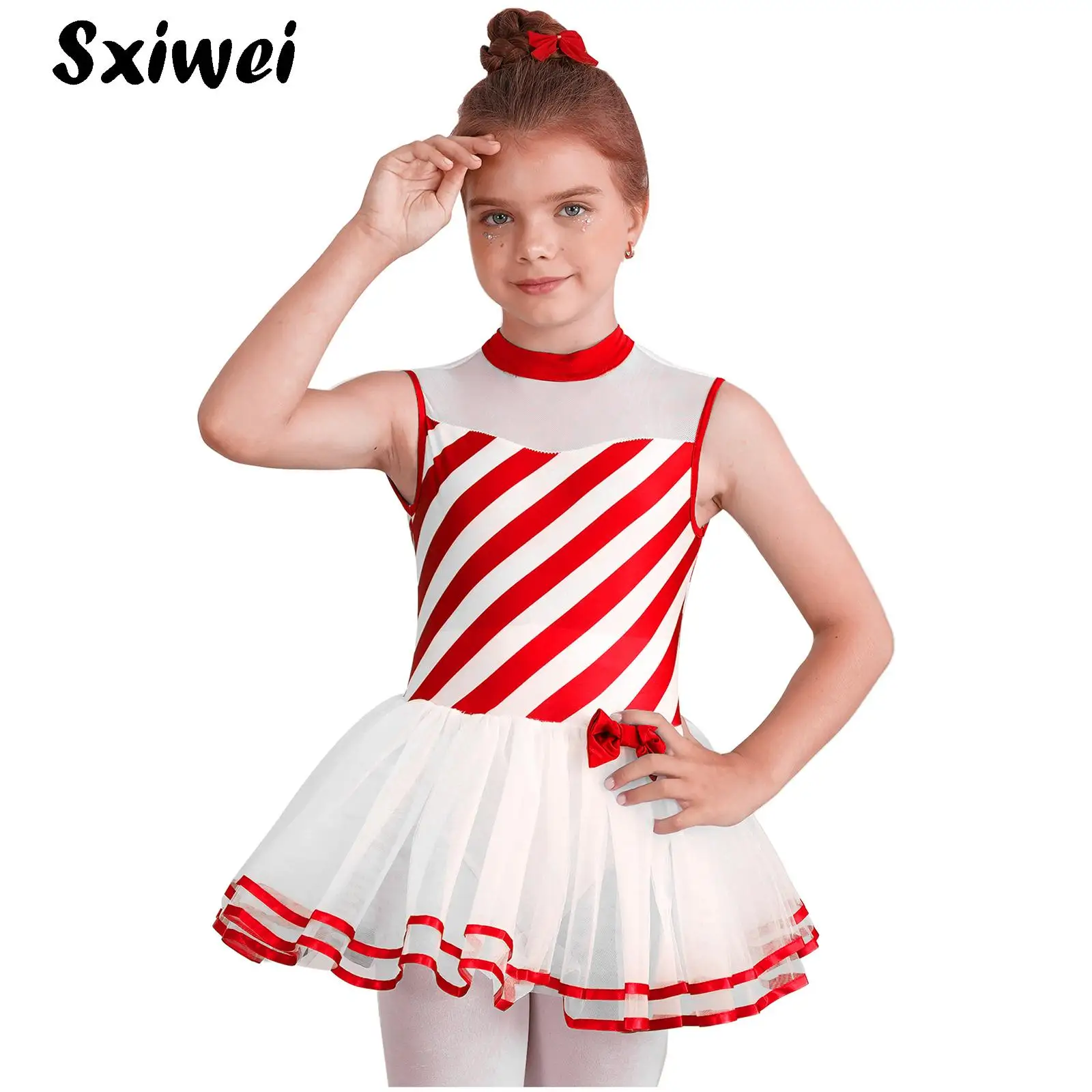 Kids Girls Candy Cane Striped Yoke Ribbon Ballet Tutu Dance Dress Bowknot Striped Mesh Tutu Dress Figure Ice Skating Leotard