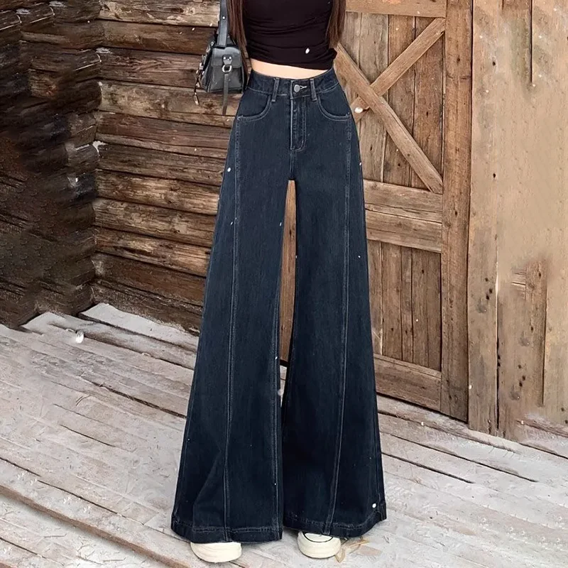 

Женские джинсы с высокой талией, прямые, укороченные, весна-осень 2026, новые, свободные, с эффектом похудения, с декоративной строчкой, широкие штанины, длинные, в ковбойском стиле