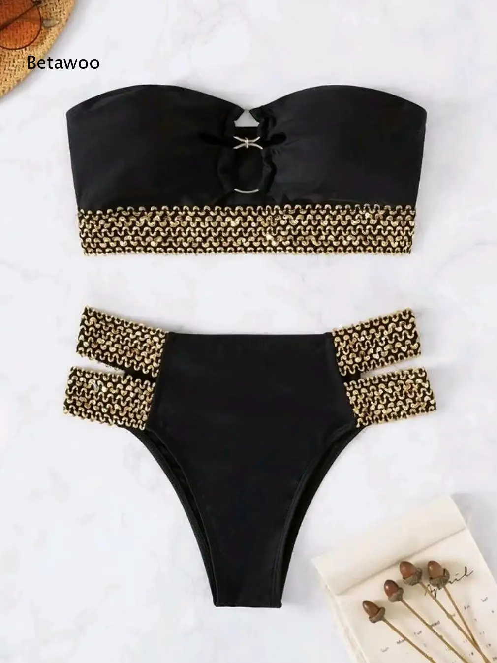 

2026 Bikini Strapless Bandeau Bikini Set with Gold Beaded Trim, Ring Detail & High Cut Bottom