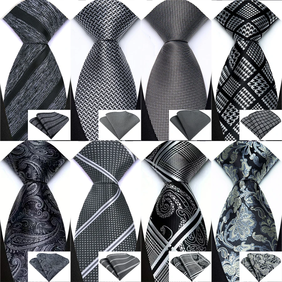 Business-Herren-Krawatte, dunkelgrau, schwarz-weiß gestreift, kariert, 8 cm, Krawatte, Einstecktuch-Set für Männer, formelle Hochzeit, hochwertige Gravata