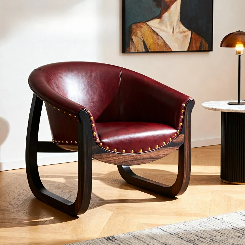 

North American black walnut leather sofa chair vintage simple single chair solid wood lounge chair furniture