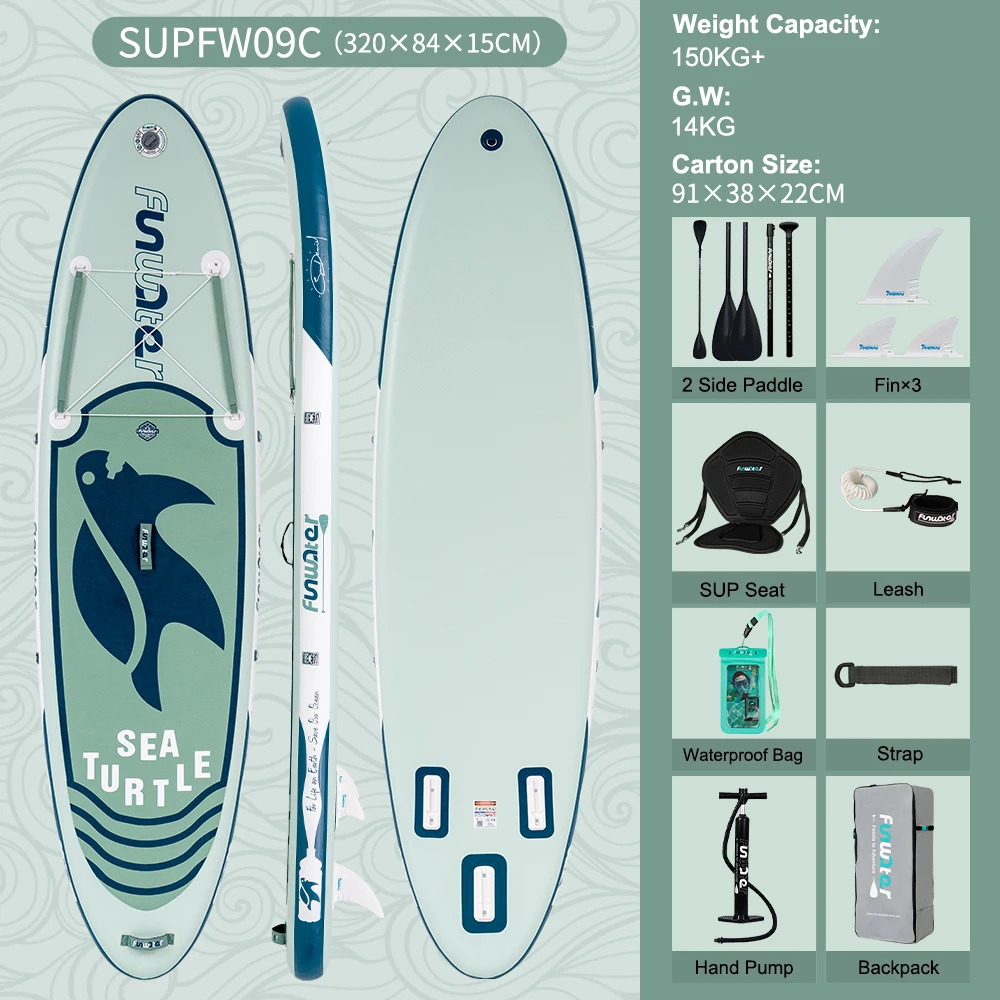Funwater Supfw09C opblaasbaar SUP-board, 320x84x15 cm, belastbaar tot 150 kg, geschikt voor volwassenen en jongeren, met verstelbaar peddel, zitting, 3 vinnen, veiligheidskoord, waterdichte
