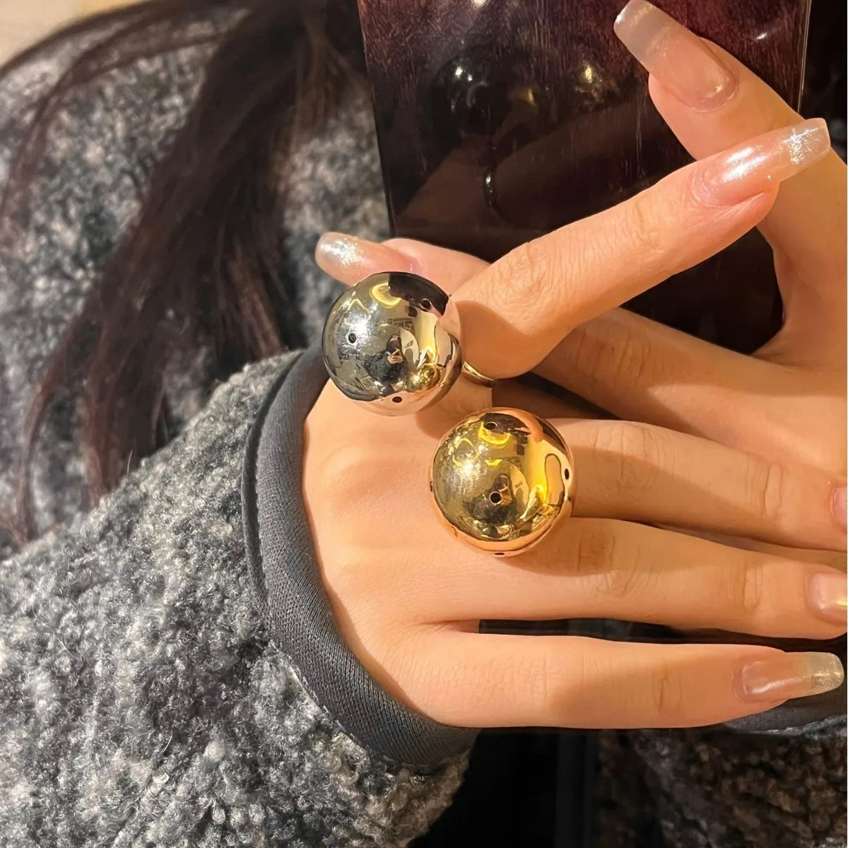 Vintage Large Metal Round Ball Open Adjustable Rings for Women Europe And America Personality Exaggerated Party Trend Jewelry